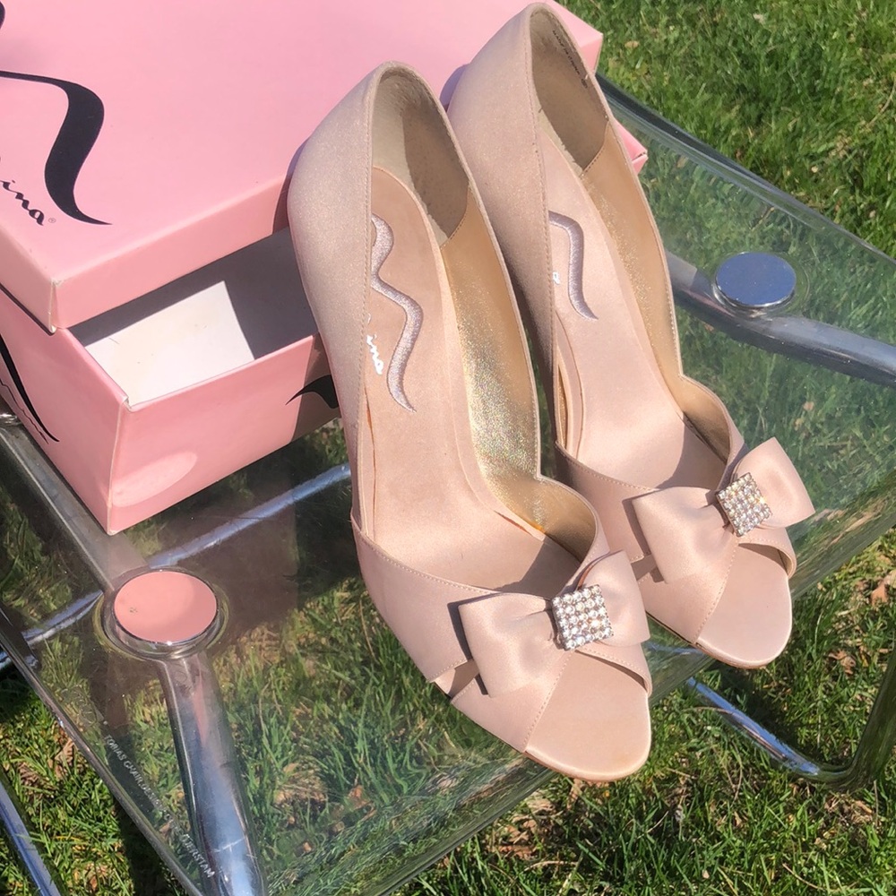 Nina Cream Heels with Bow and Rhinestone Detail